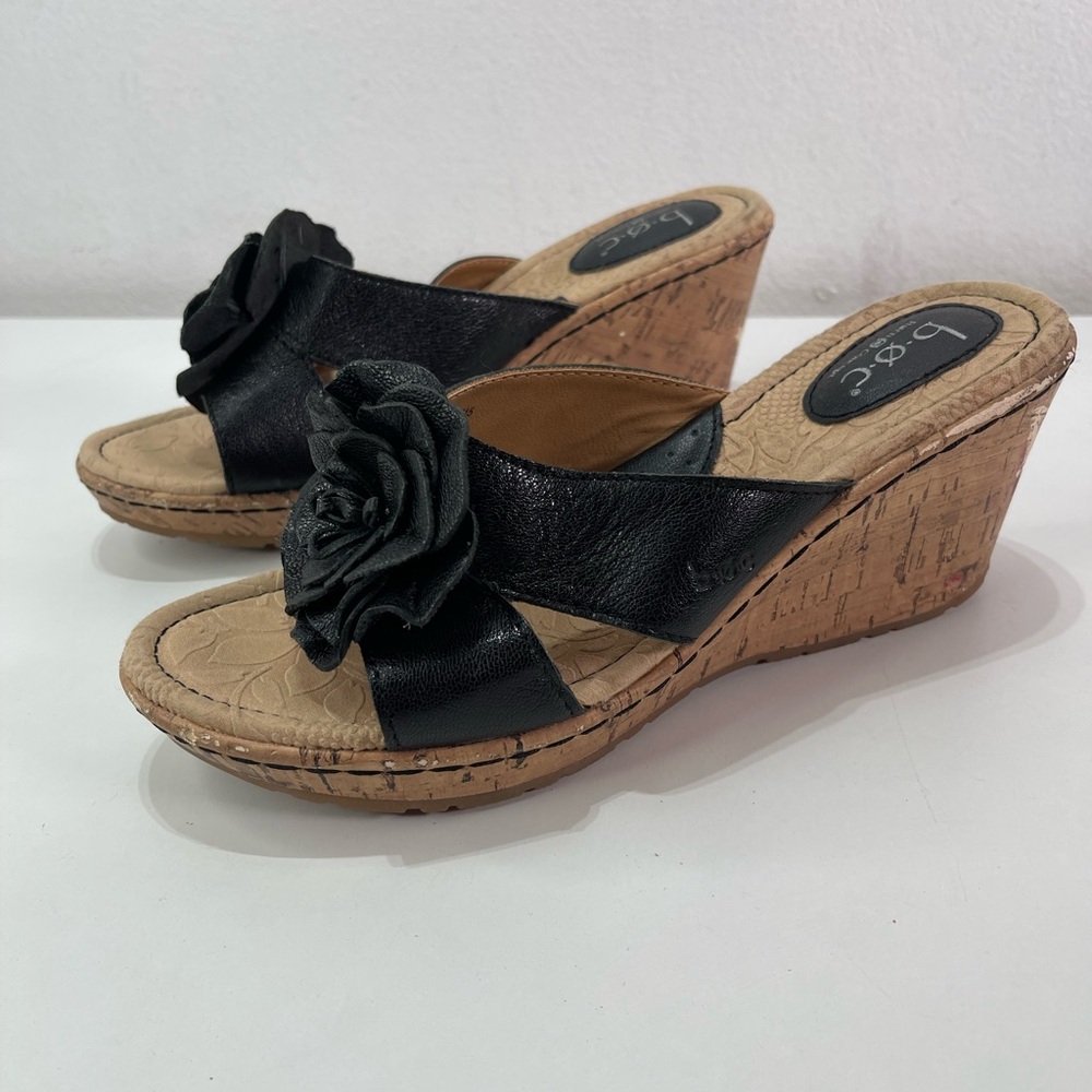 b.o.c Born Black Wedge Slip On Sandal  Women's 8M Flower Cork Leather